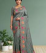 Grey floral embroidered silk blend designer saree