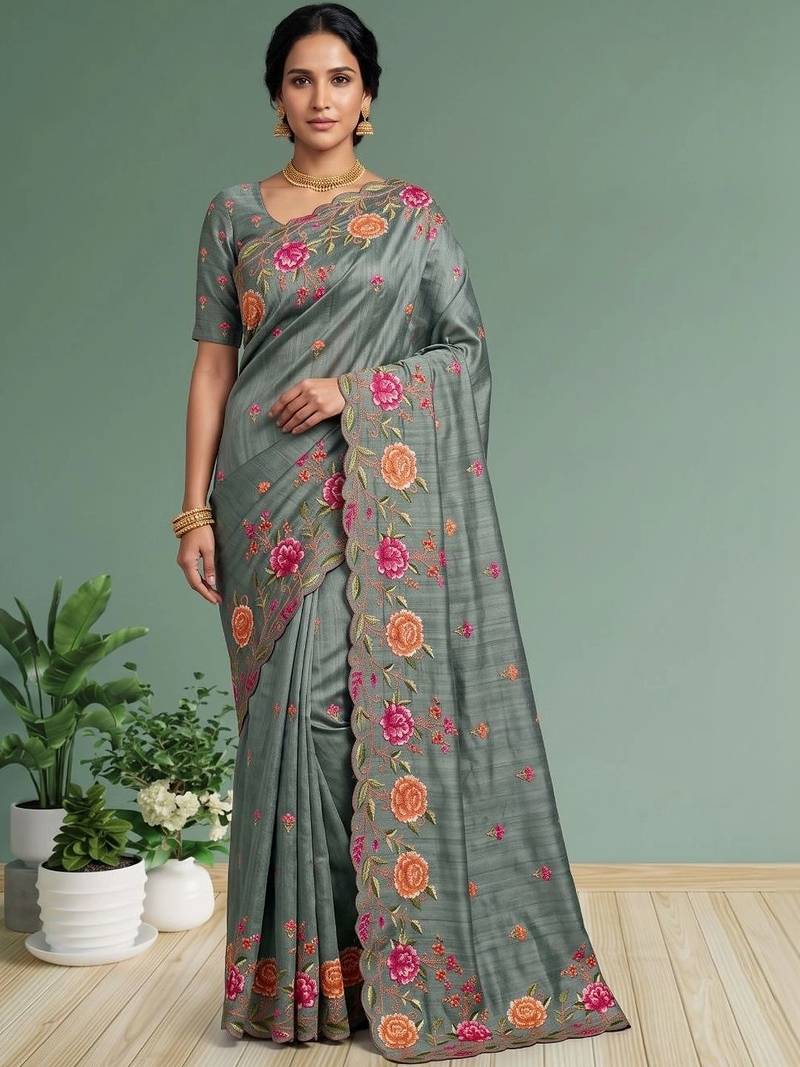 Grey floral embroidered silk blend designer saree