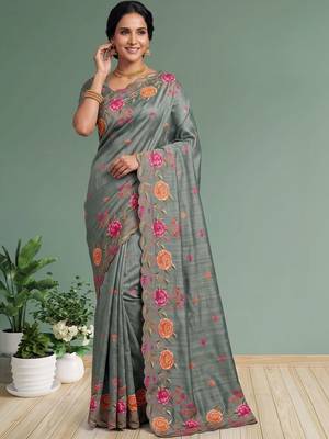 Grey floral embroidered silk blend designer saree 2