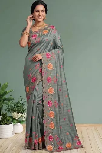 Grey floral embroidered silk blend designer saree