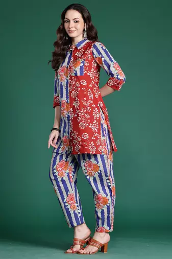 Multicolor printed cotton kurta trouser set