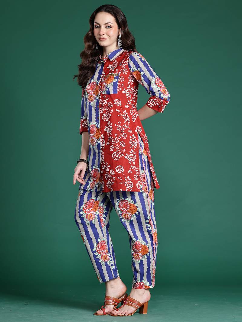 Multicolor printed cotton kurta trouser set