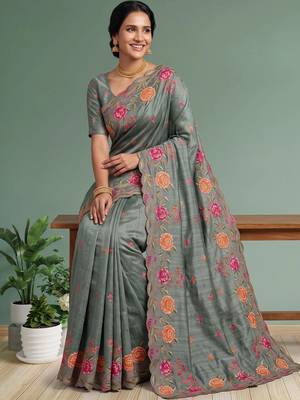 Grey floral embroidered silk blend designer saree 3
