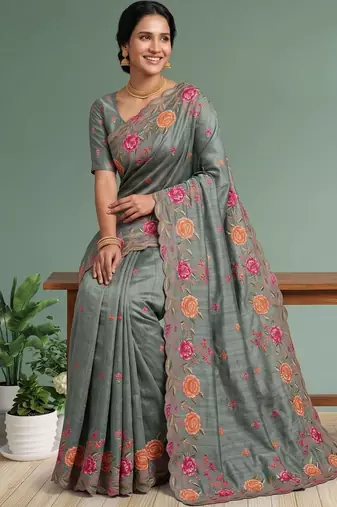 Grey floral embroidered silk blend designer saree