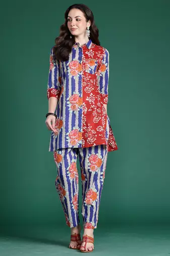 Multicolor printed cotton kurta trouser set