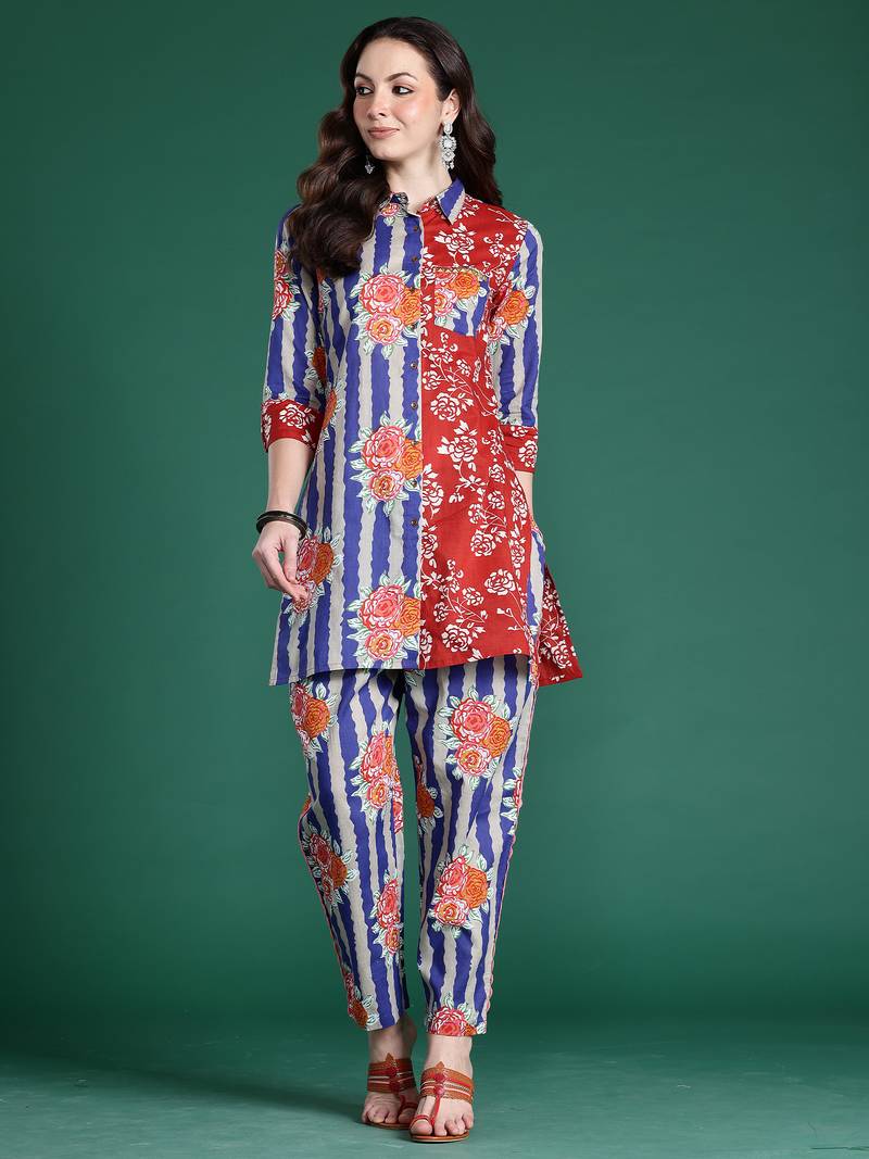 Multicolor printed cotton kurta trouser set