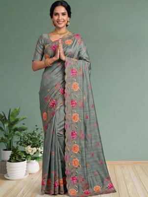 Grey floral embroidered silk blend designer saree 4