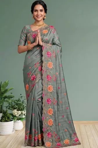 Grey floral embroidered silk blend designer saree