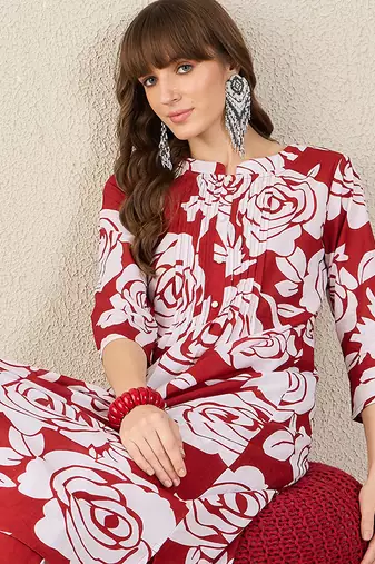 Red printed cotton kurta trouser set