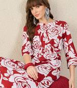 Red printed cotton kurta trouser set