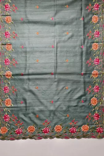 Grey floral embroidered silk blend designer saree