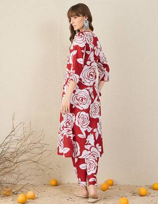 Red printed cotton kurta trouser set 2