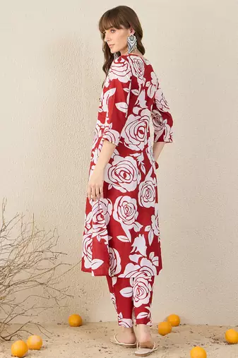 Red printed cotton kurta trouser set