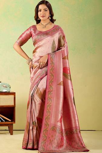 Pink woven design zari art silk designer banarasi saree
