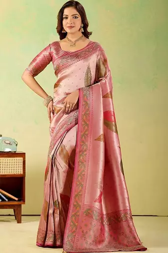 Pink woven design zari art silk designer banarasi saree