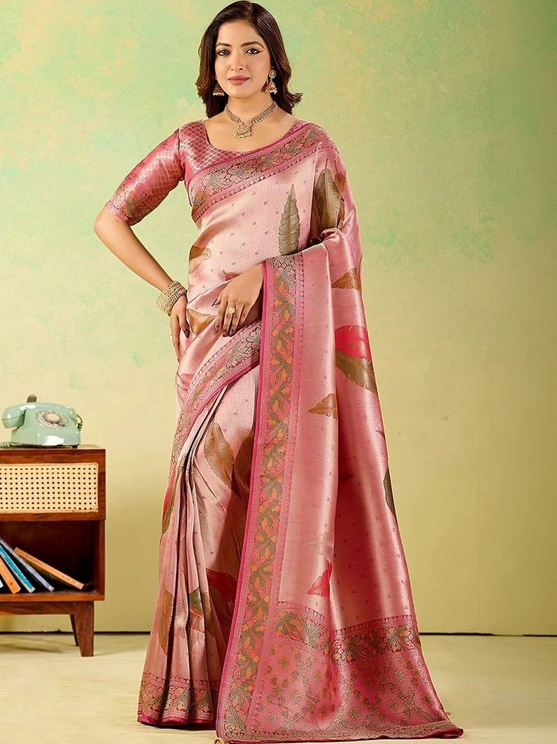 Pink woven design zari art silk designer banarasi saree