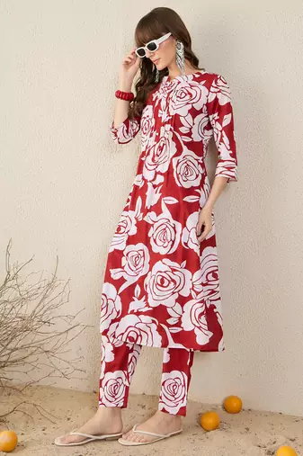 Red printed cotton kurta trouser set