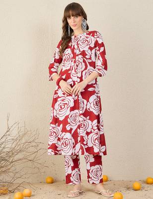 Red printed cotton kurta trouser set 4