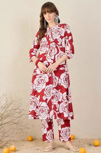 Red printed cotton kurta trouser set