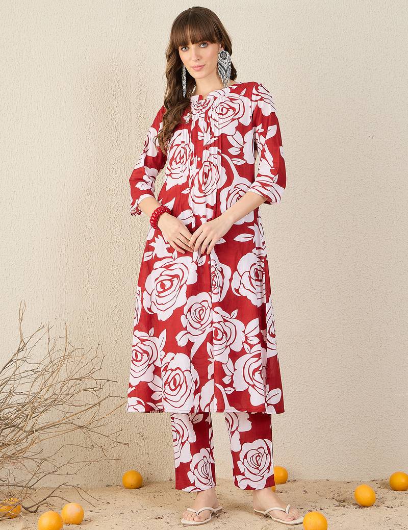 Red printed cotton kurta trouser set