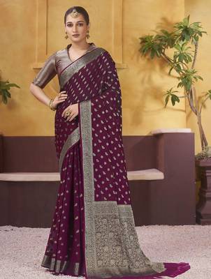Burgundy ethnic motifs woven design zari  georgette saree with blouse piece 1