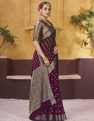Burgundy ethnic motifs woven design zari  georgette saree with blouse piece 2