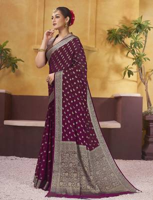 Burgundy ethnic motifs woven design zari  georgette saree with blouse piece 3