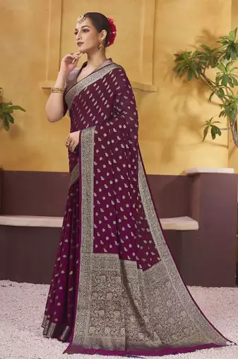 Burgundy ethnic motifs woven design zari  georgette saree with blouse piece