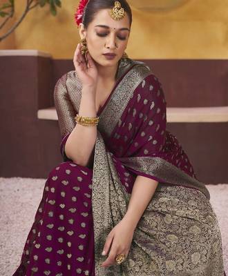 Burgundy ethnic motifs woven design zari  georgette saree with blouse piece 5