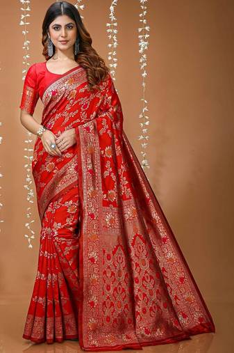 Red woven design zari silk blend heavy work kanjeevaram saree