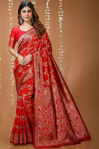 Red woven design zari silk blend heavy work kanjeevaram saree