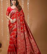 Red woven design zari silk blend heavy work kanjeevaram saree