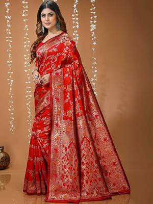 Red woven design zari silk blend heavy work kanjeevaram saree 2