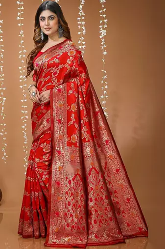 Red woven design zari silk blend heavy work kanjeevaram saree