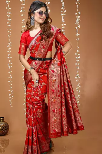 Red woven design zari silk blend heavy work kanjeevaram saree