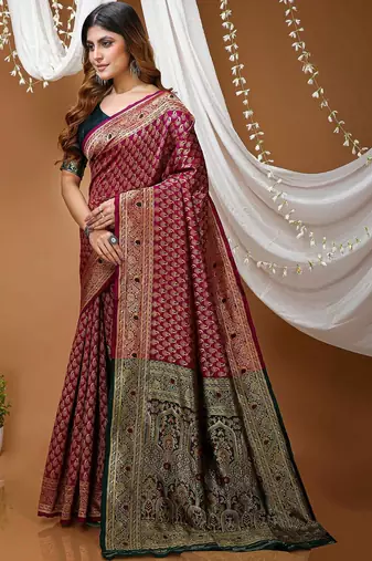 Maroon woven design zari silk blend handloom kanjeevaram saree