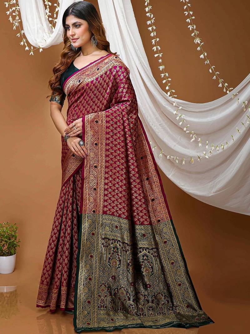 Maroon woven design zari silk blend handloom kanjeevaram saree