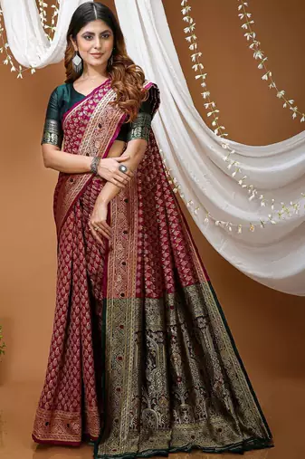 Maroon woven design zari silk blend handloom kanjeevaram saree