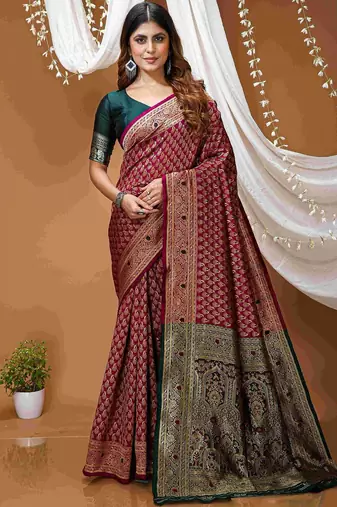 Maroon woven design zari silk blend handloom kanjeevaram saree