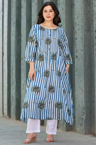 Multicolor printed cotton kurta trouser set
