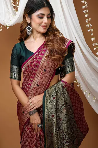 Maroon woven design zari silk blend handloom kanjeevaram saree