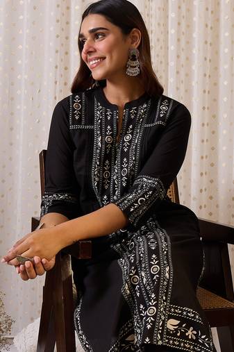 Black printed cotton kurta trouser set