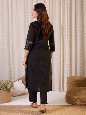 Black printed cotton kurta trouser set 2