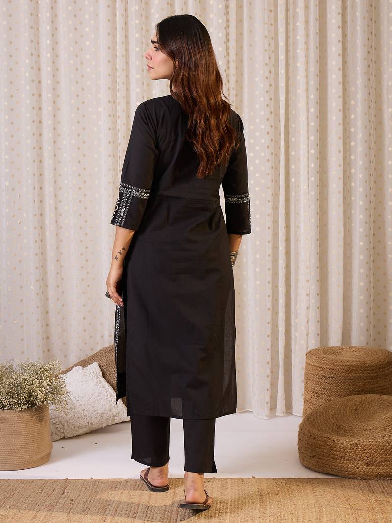 Black printed cotton kurta trouser set