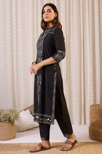 Black printed cotton kurta trouser set