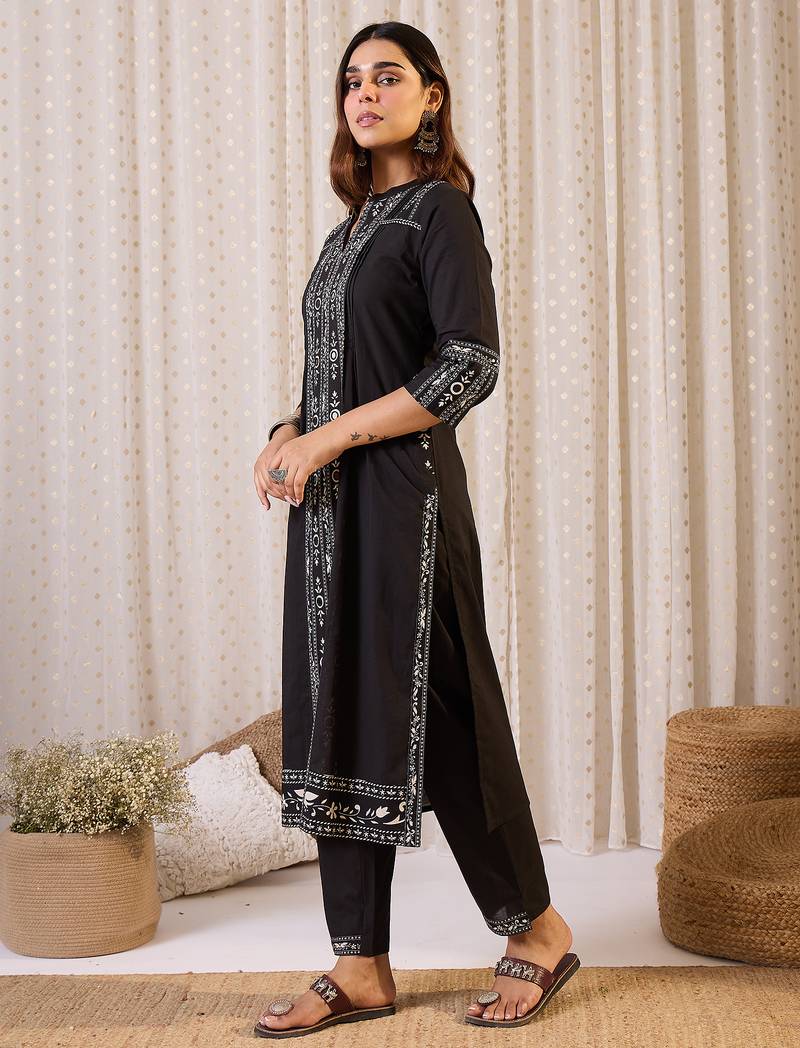 Black printed cotton kurta trouser set