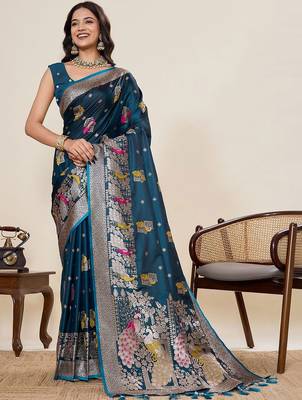 Teal ethnic motifs zari silk blend designer paithani saree 1
