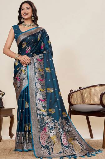 Teal ethnic motifs zari silk blend designer paithani saree