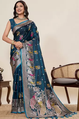 Teal ethnic motifs zari silk blend designer paithani saree