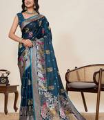 Teal ethnic motifs zari silk blend designer paithani saree